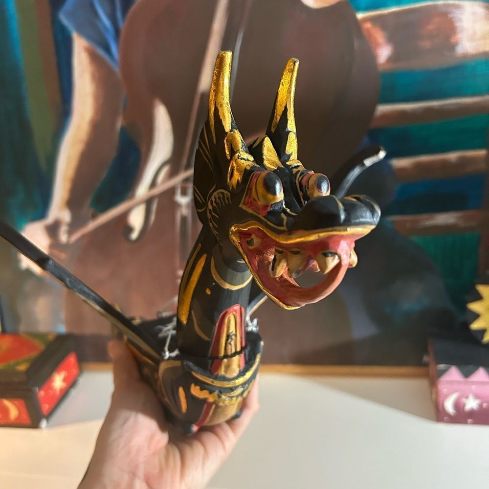Vtg 90s Dragon Naga Flying Hanging 17" Green/Gold Handmade Wooden Bali Folkart - Picture 15 of 16